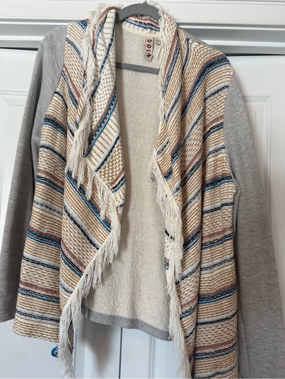 Dolan Open-Front Striped Fringe Sweater